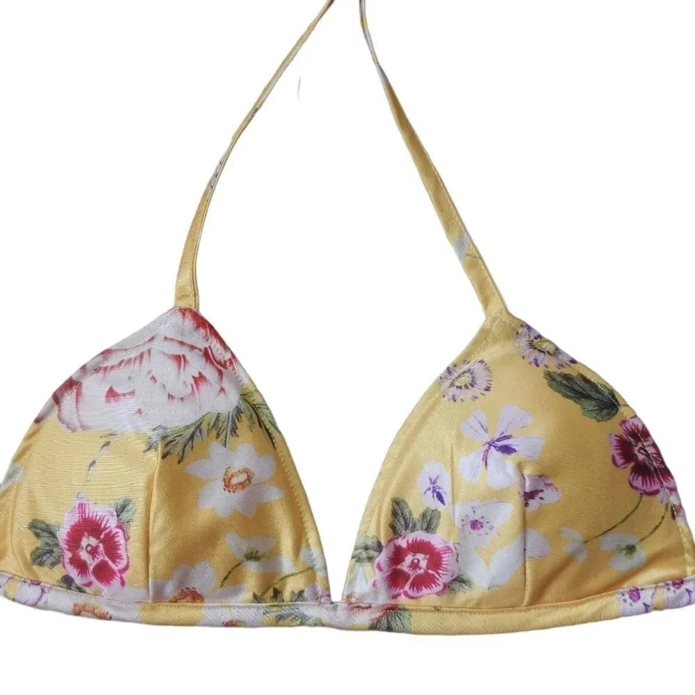 Yellow Floral Triangle Bikini Top Size S